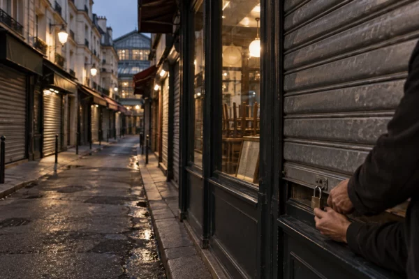 À la nuit tombée, les mains d’un commerçant verrouillent le rideau métallique baissé d’un restaurant parisien.
