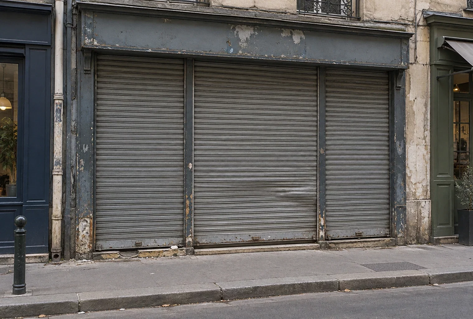 Rideau métallique fermé devant un commerce indépendant, avec quelques marques de dégradation et un trottoir poussiéreux.