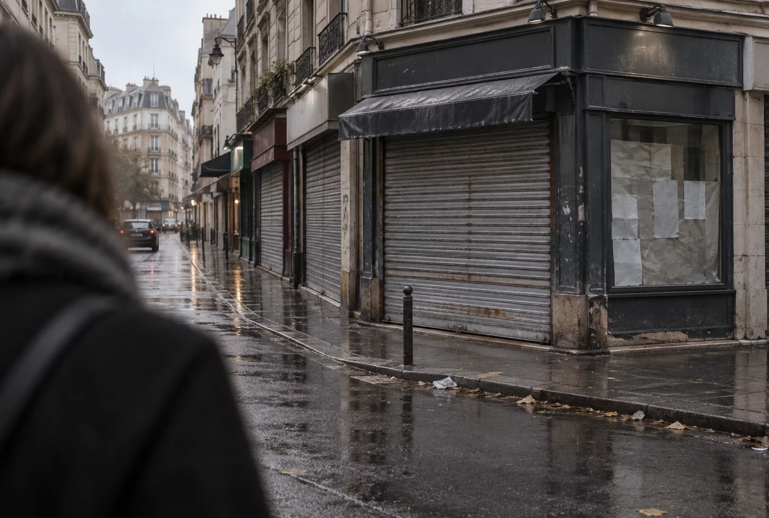Rue commerçante sous la pluie, rideau métallique fermé et vitrine protégée par des panneaux, avec quelques débris sur le trottoir.