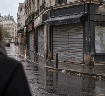 Rue commerçante sous la pluie, rideau métallique fermé et vitrine protégée par des panneaux, avec quelques débris sur le trottoir.