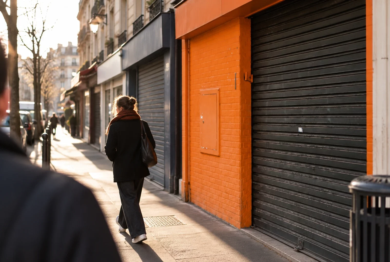 Devanture de quartier en briques orange, fermée par un rideau métallique usé, sur une rue bordée de commerces et de logements.
