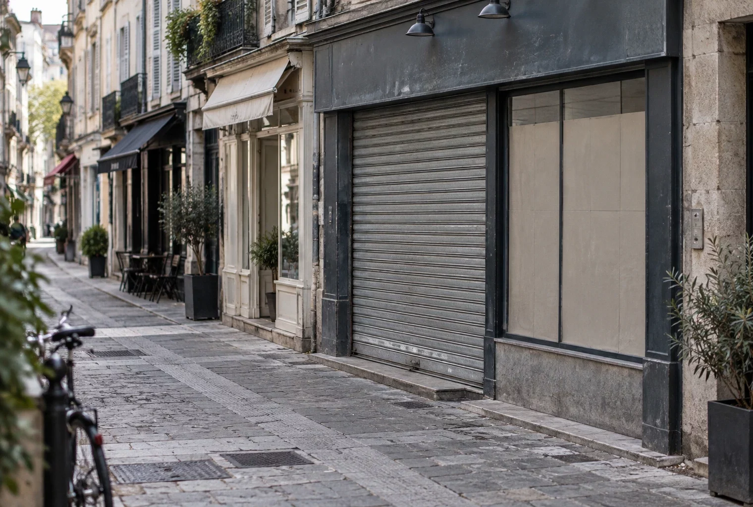 Devanture d’un commerce de proximité aux volets métalliques baissés et à la vitrine protégée, dans une rue urbaine pavée.