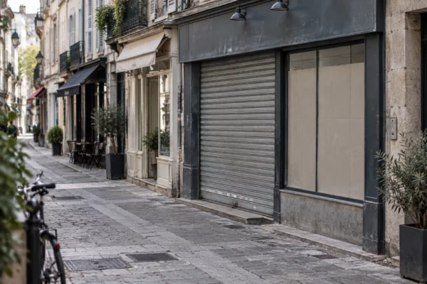Devanture d’un commerce de proximité aux volets métalliques baissés et à la vitrine protégée, dans une rue urbaine pavée.