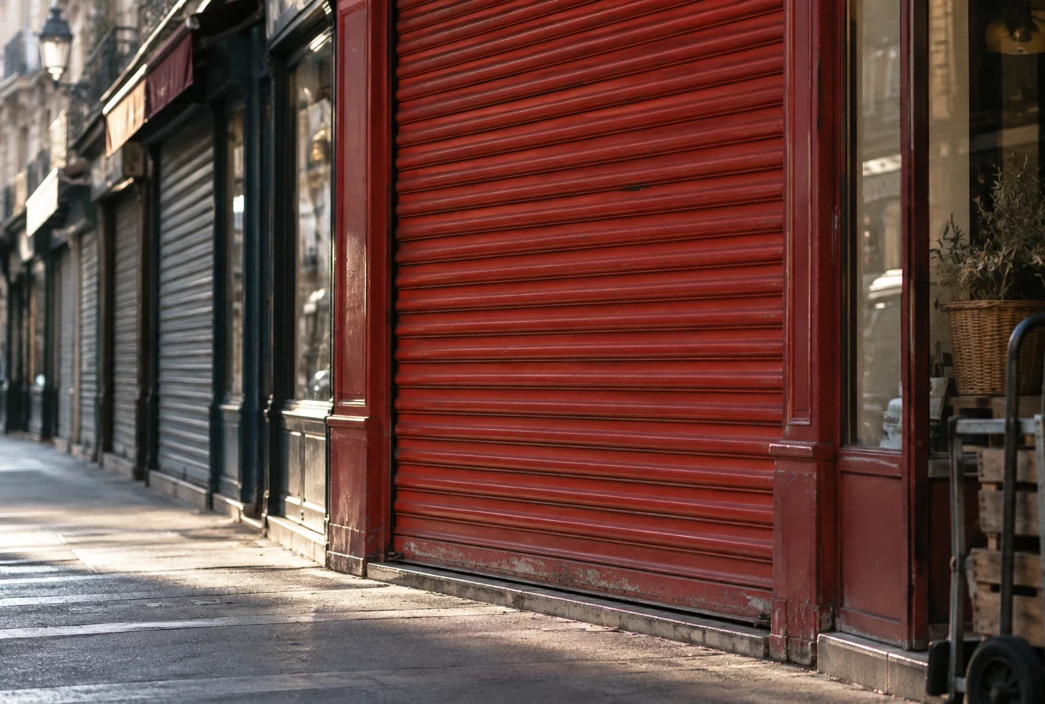 Un rideau métallique rouge, usé et baissé, devant une boutique, avec d’autres devantures fermées en arrière-plan.