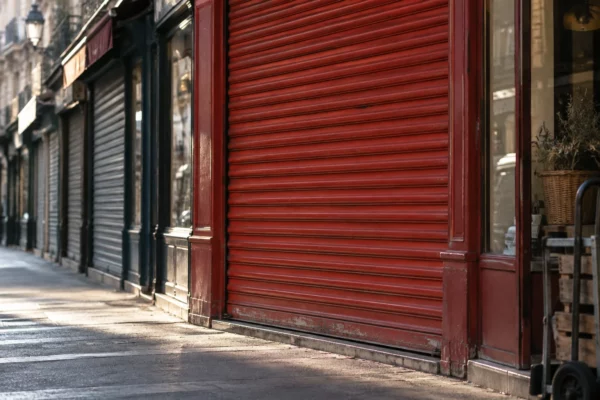 Un rideau métallique rouge, usé et baissé, devant une boutique, avec d’autres devantures fermées en arrière-plan.