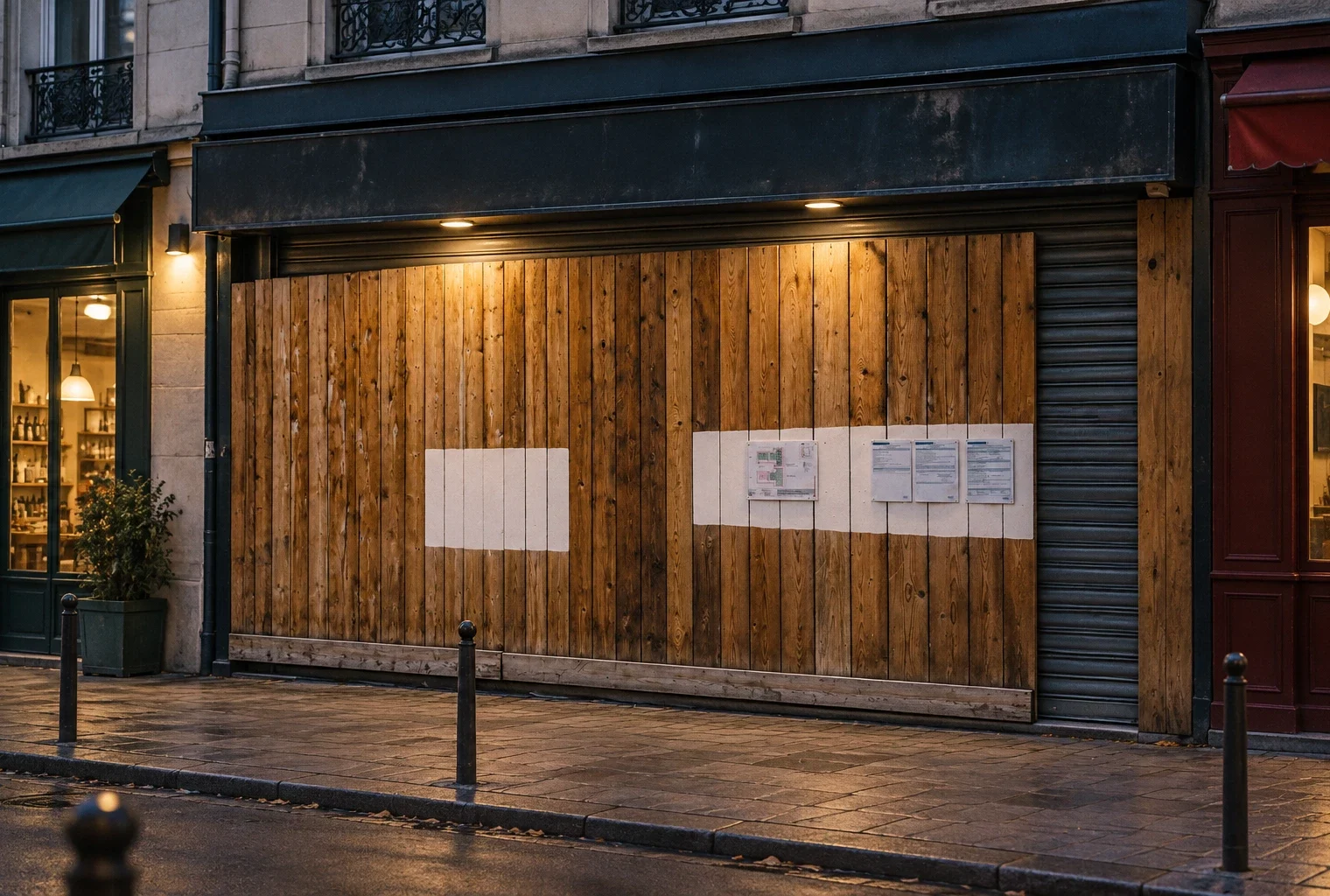 Façade d’un commerce fermé, protégée par des panneaux de bois usés, au bord d’une rue commerçante pavée.