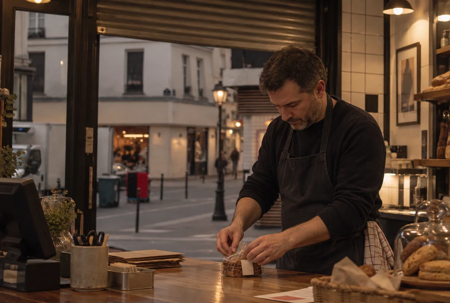 Les mains d’un commerçant rangent un objet au comptoir, devant une boutique de quartier et des façades urbaines.