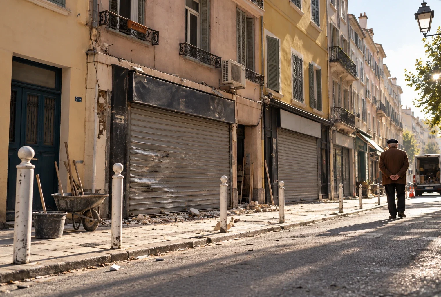 Des rideaux métalliques marqués et des vitrines fermées bordent une rue commerçante, devant des façades d’immeubles.