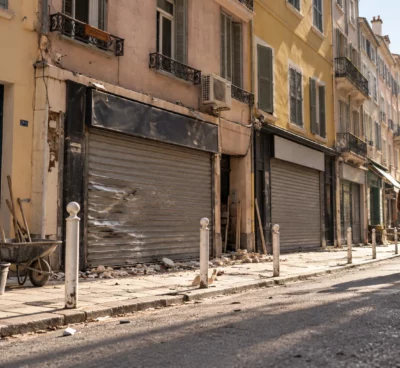 Des rideaux métalliques marqués et des vitrines fermées bordent une rue commerçante, devant des façades d’immeubles.