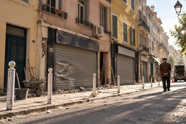 Des rideaux métalliques marqués et des vitrines fermées bordent une rue commerçante, devant des façades d’immeubles.