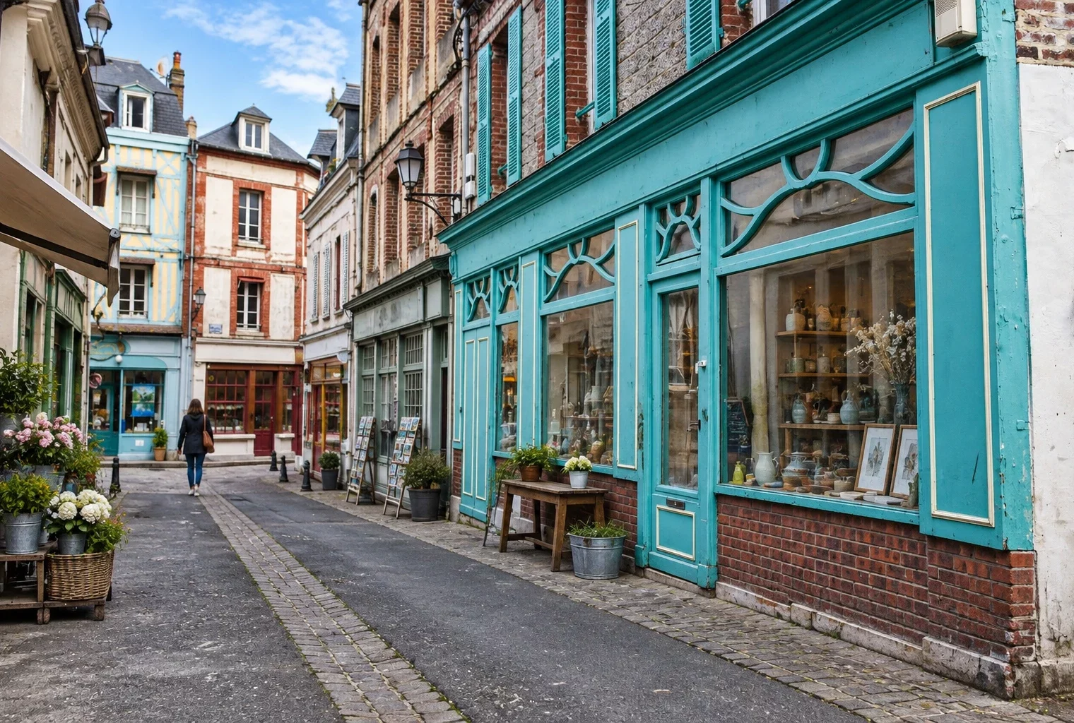Rue commerçante française aux devantures colorées et vitrines sobres, avec des façades anciennes et un trottoir usé.