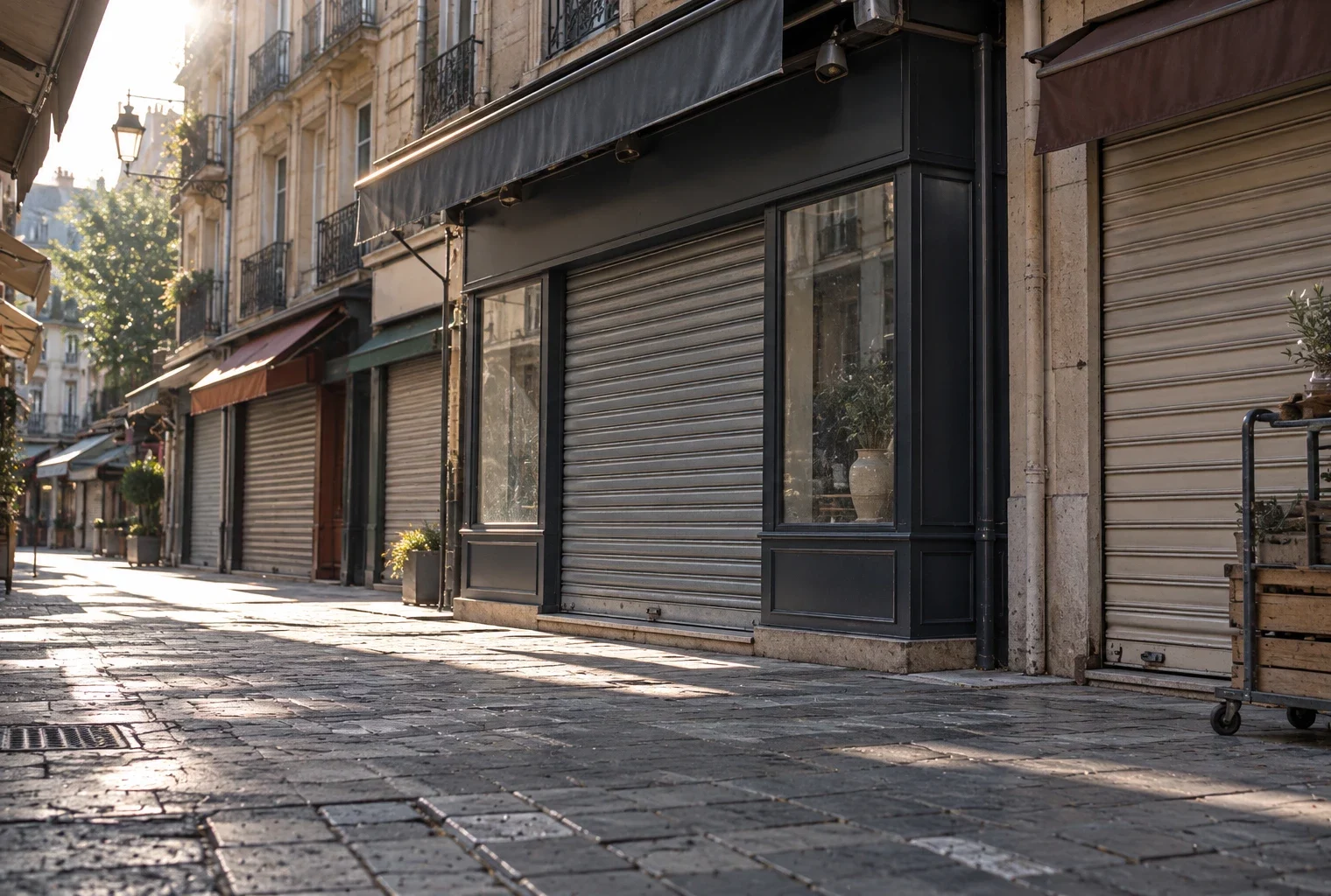 Devanture d’un commerce de quartier au rideau métallique baissé, le long d’une rue pavée bordée de boutiques.