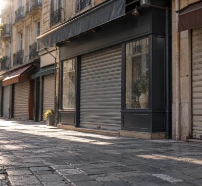 Devanture d’un commerce de quartier au rideau métallique baissé, le long d’une rue pavée bordée de boutiques.