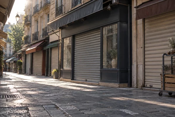 Devanture d’un commerce de quartier au rideau métallique baissé, le long d’une rue pavée bordée de boutiques.