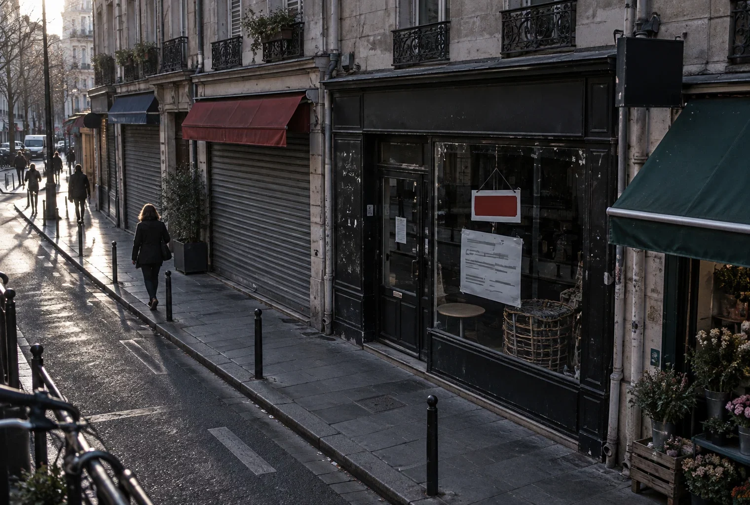 Devantures de commerces aux rideaux métalliques baissés dans une rue française, avec façades usées et reflets dans les vitrines.