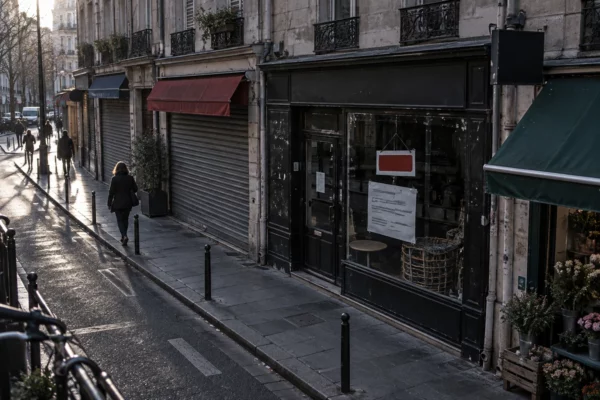 Devantures de commerces aux rideaux métalliques baissés dans une rue française, avec façades usées et reflets dans les vitrines.