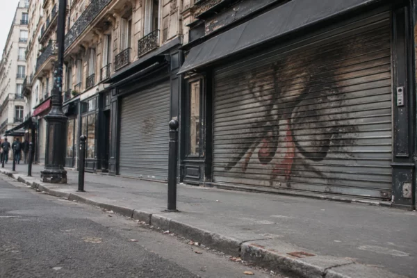 Devantures de commerces aux rideaux métalliques baissés le long d’une rue bordée d’immeubles et de mobilier urbain.