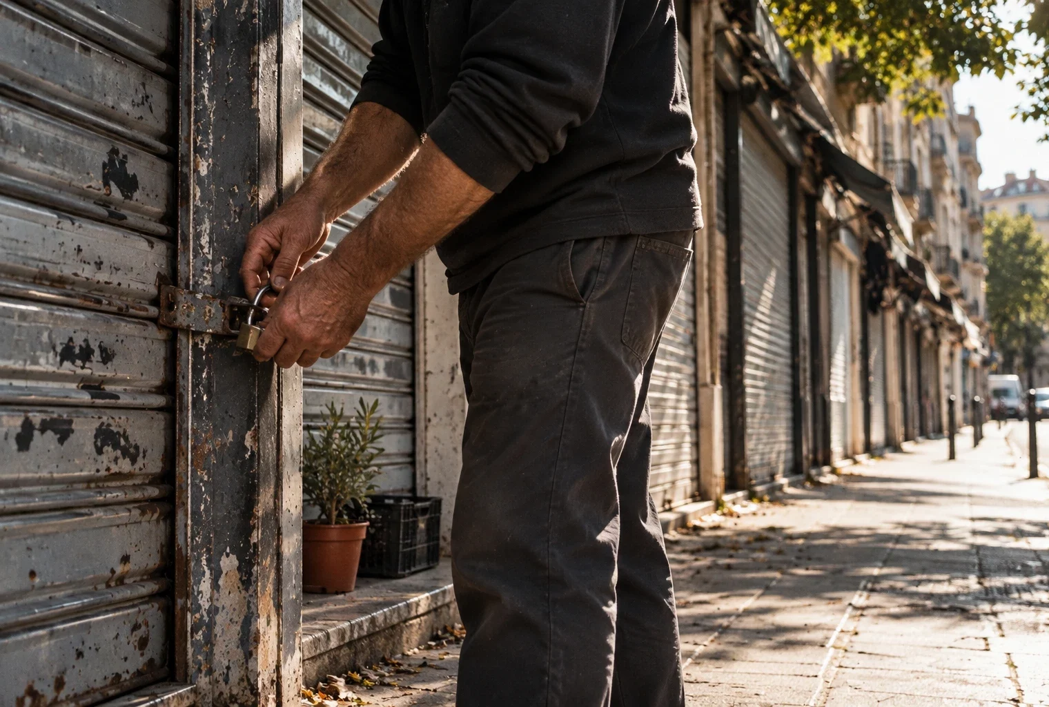Des mains ferment le loquet d’un rideau métallique usé devant des commerces fermés, dans une rue bordée de façades.