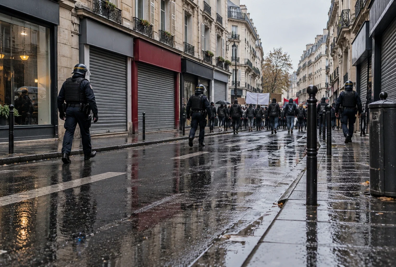 Des policiers circulent devant des commerces aux rideaux métalliques baissés, sur une rue française au sol mouillé.