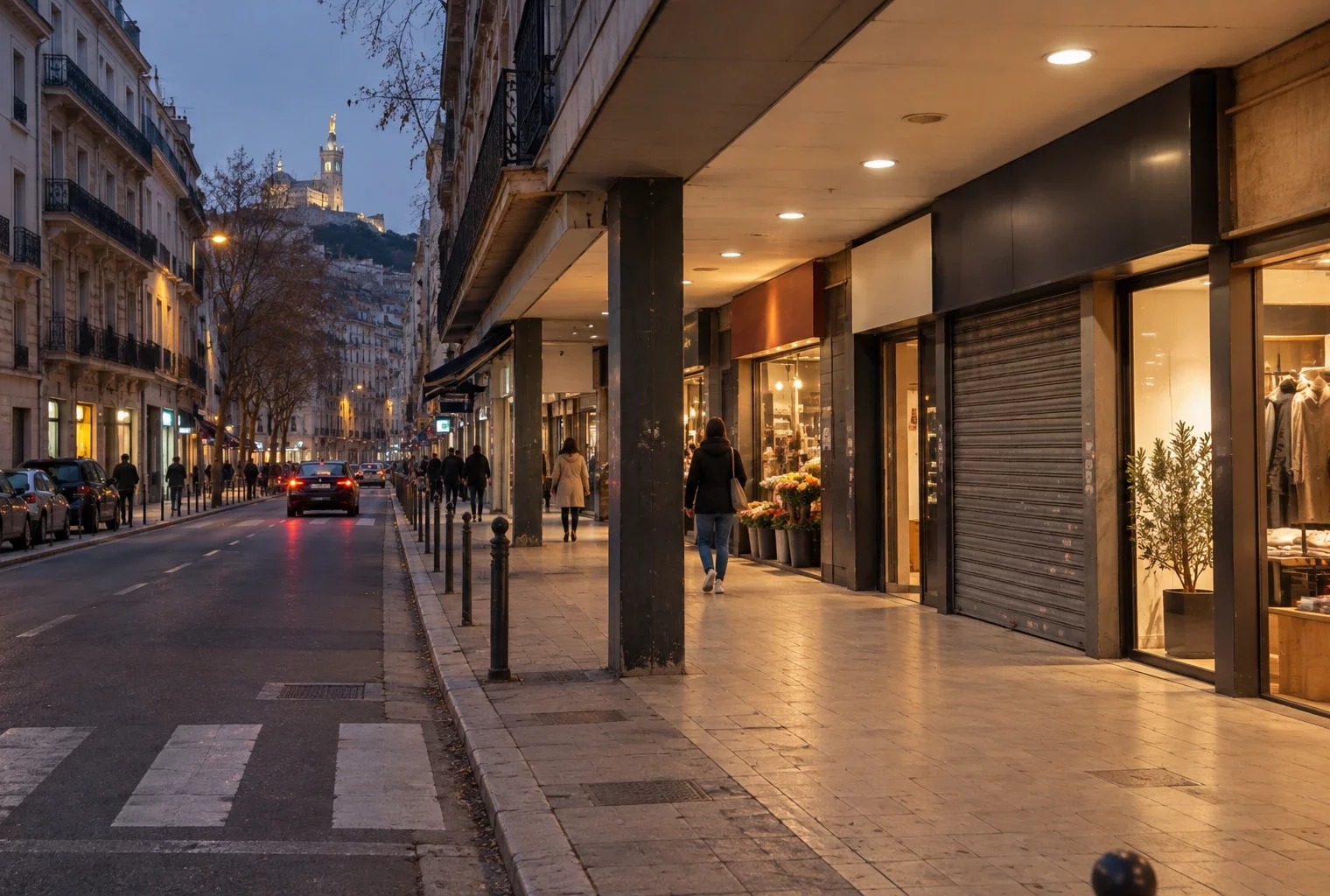 Rue commerçante marseillaise avec devantures, rideaux métalliques et passage piéton, dans la lumière du soir.