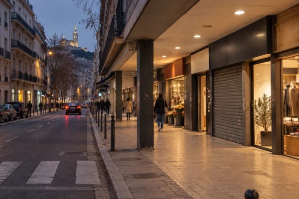 Rue commerçante marseillaise avec devantures, rideaux métalliques et passage piéton, dans la lumière du soir.