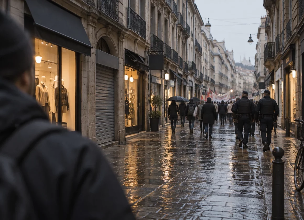 Rue commerçante marseillaise sous la pluie, entre vitrines et rideaux métalliques, avec policiers et manifestants au loin.