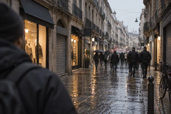 Rue commerçante marseillaise sous la pluie, entre vitrines et rideaux métalliques, avec policiers et manifestants au loin.