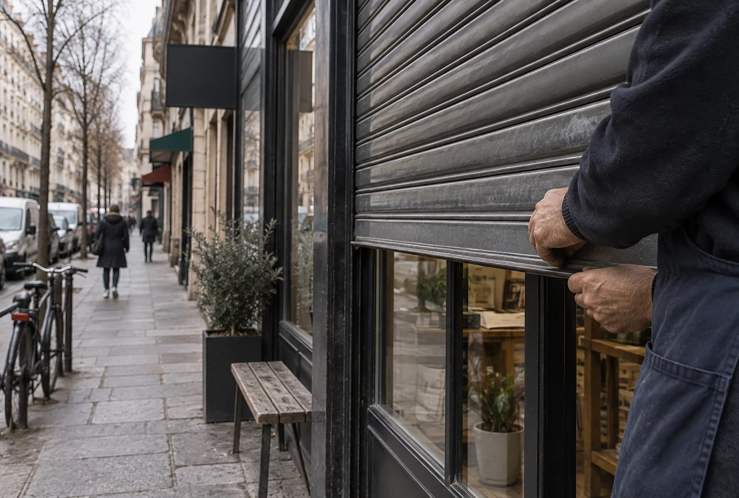 Les mains d’un commerçant manipulent le volet métallique intact d’une boutique, sur une rue française bordée de façades.