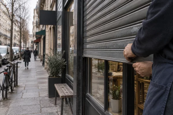 Les mains d’un commerçant manipulent le volet métallique intact d’une boutique, sur une rue française bordée de façades.