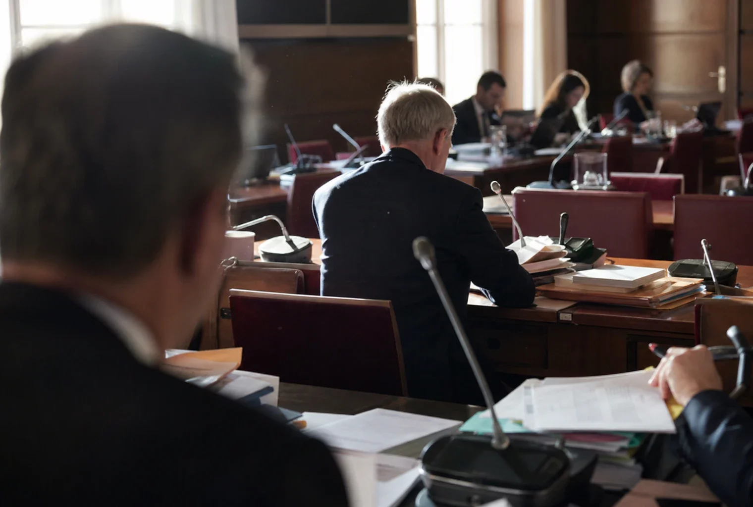 Salle de commission à l’Assemblée nationale avec pupitres, micros et dossiers avant l’examen du budget