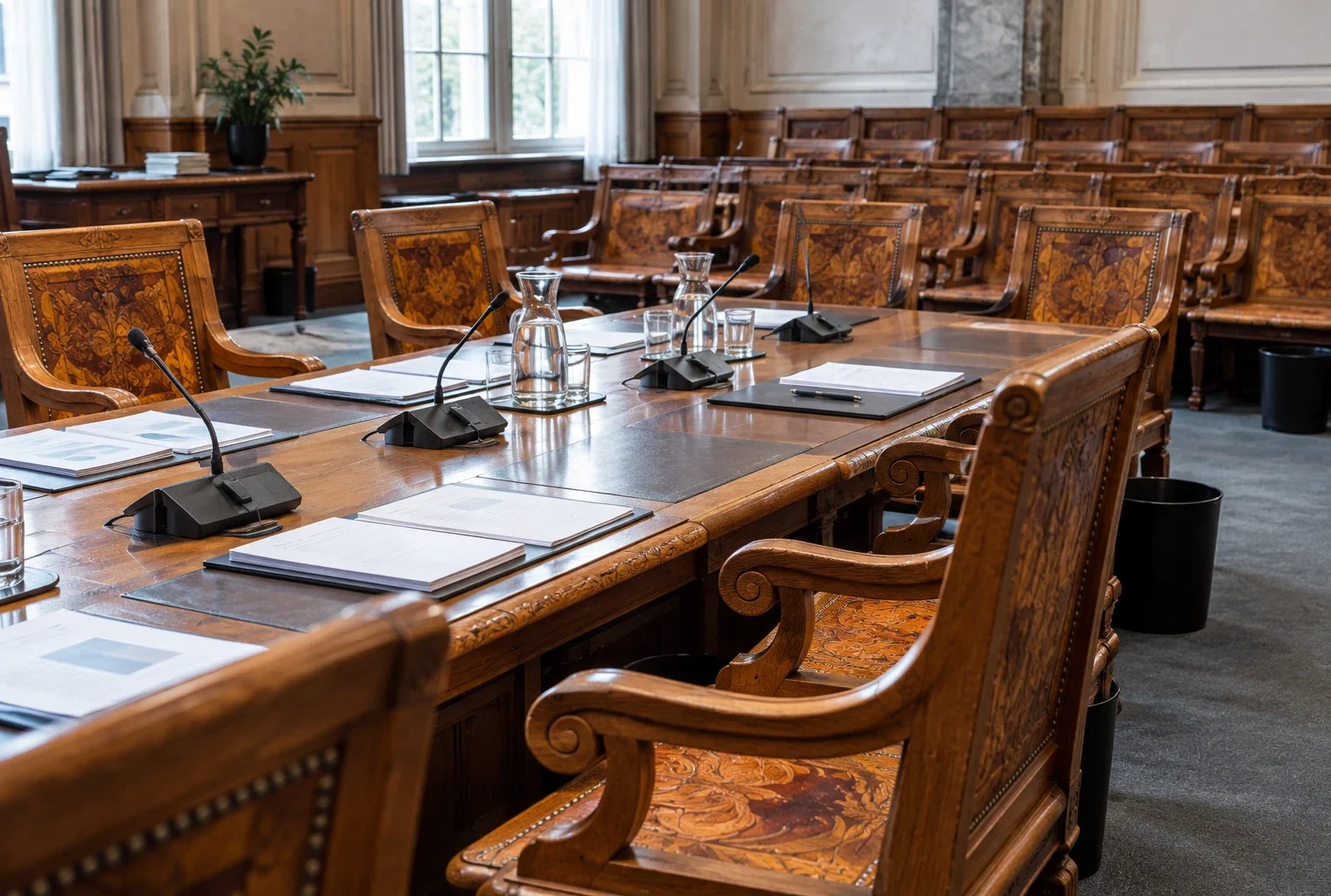 Des pupitres ornés de bois et des dossiers vierges entourent une table de commission parlementaire aux sièges vides.