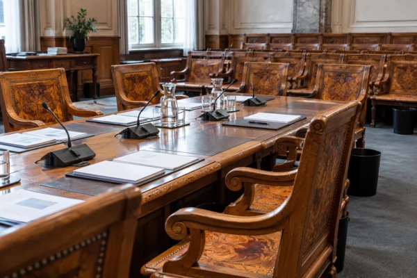 Des pupitres ornés de bois et des dossiers vierges entourent une table de commission parlementaire aux sièges vides.