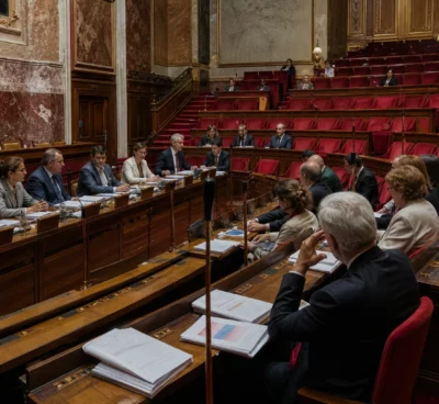 Salle de la commission des Finances du Sénat au Palais du Luxembourg, avec pupitres, micros et dossiers ouverts sous boiseries.