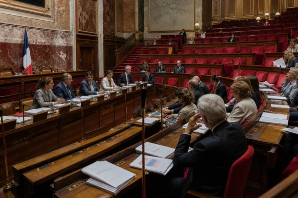 Salle de la commission des Finances du Sénat au Palais du Luxembourg, avec pupitres, micros et dossiers ouverts sous boiseries.