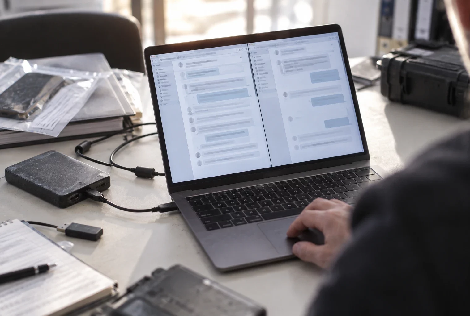 Ordinateur portable affichant deux exports anonymisés comparés, avec disque dur externe et câbles sur un bureau d’examen numérique.