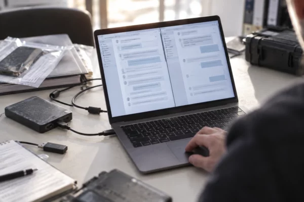 Ordinateur portable affichant deux exports anonymisés comparés, avec disque dur externe et câbles sur un bureau d’examen numérique.