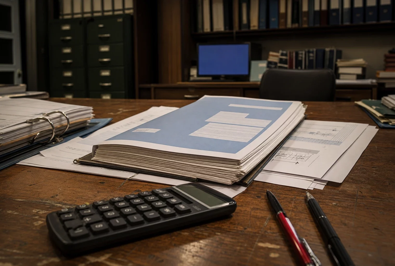 Dossier de comptes publics, calculatrice et classeurs ouverts sur un bureau de service statistique sous lumière tungstène.