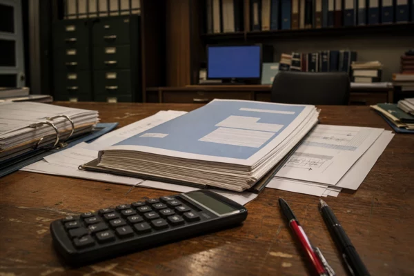 Dossier de comptes publics, calculatrice et classeurs ouverts sur un bureau de service statistique sous lumière tungstène.