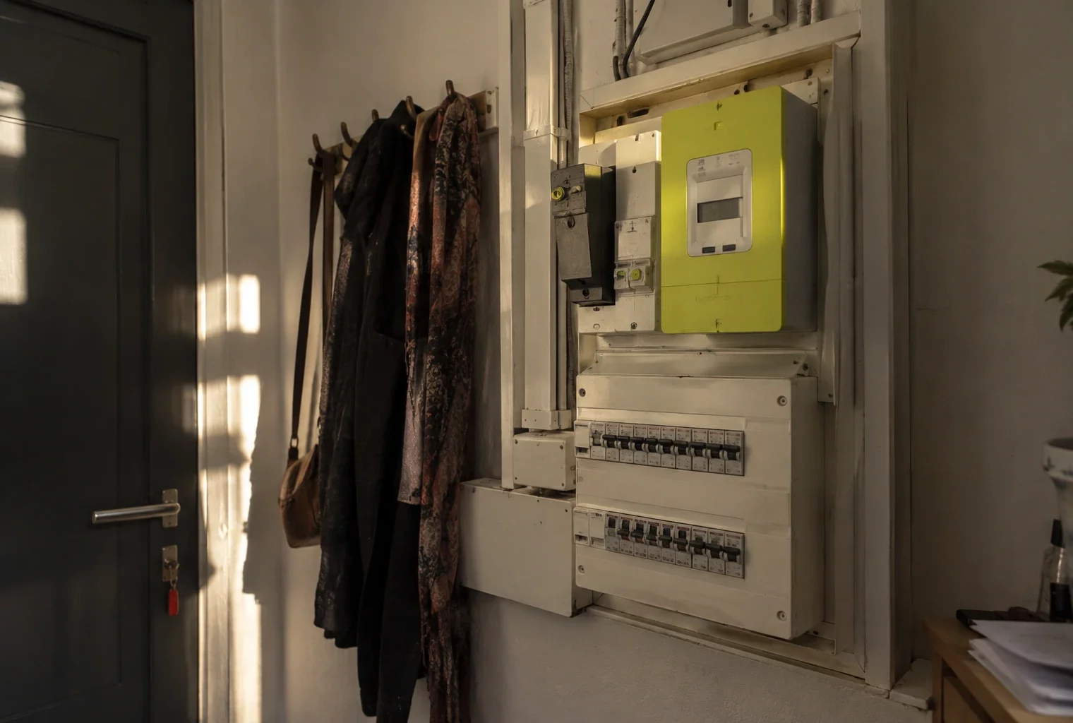 Compteur électrique et tableau de distribution installés dans l’entrée sobre d’un logement, avec les disjoncteurs apparents.