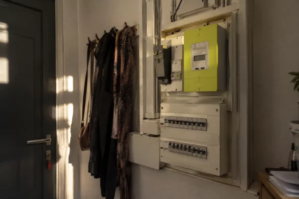 Compteur électrique et tableau de distribution installés dans l’entrée sobre d’un logement, avec les disjoncteurs apparents.