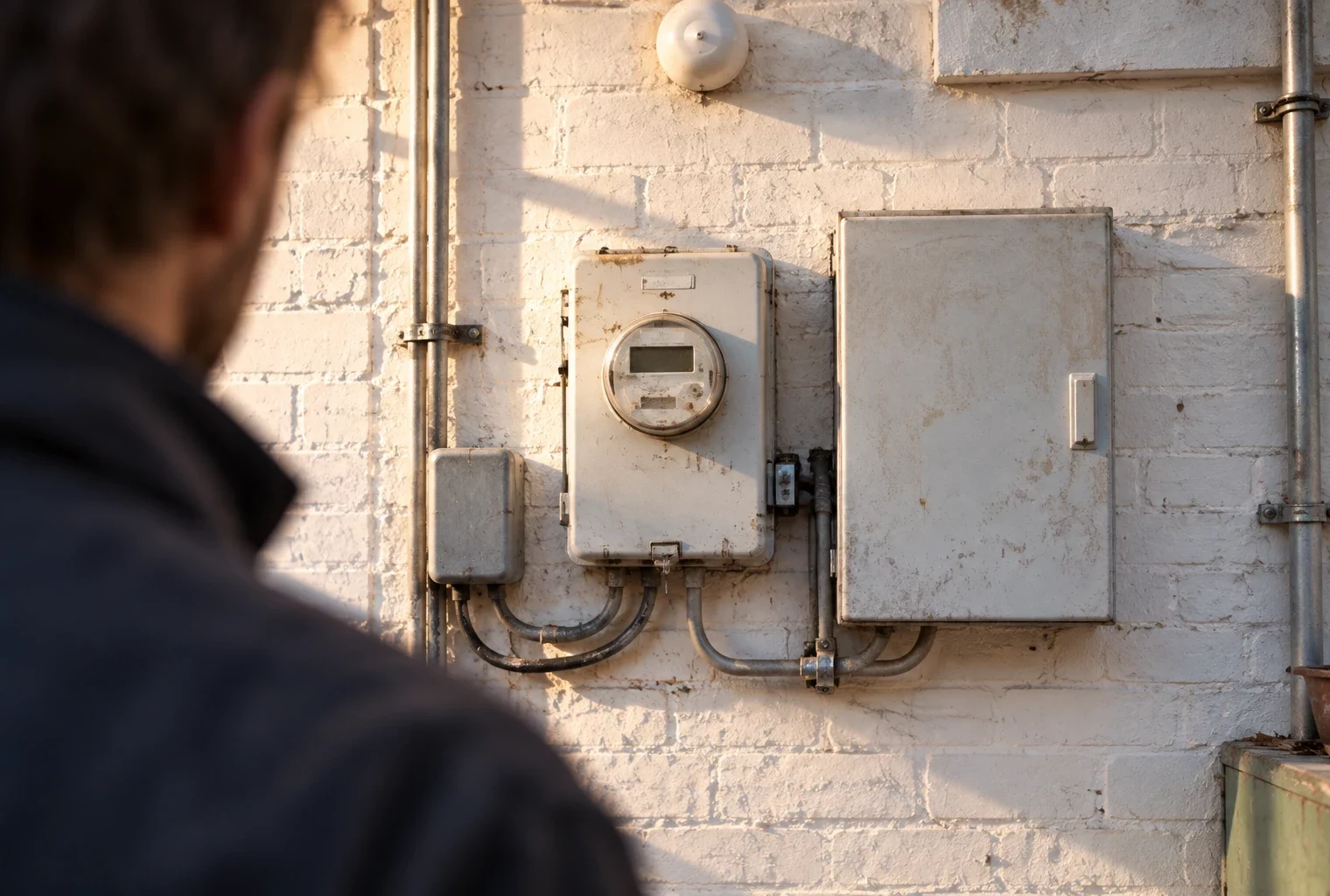 Compteur électrique domestique et tableau de distribution sur un mur clair, avec câbles visibles dans une pièce technique.