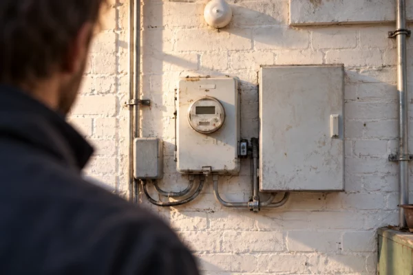 Compteur électrique domestique et tableau de distribution sur un mur clair, avec câbles visibles dans une pièce technique.