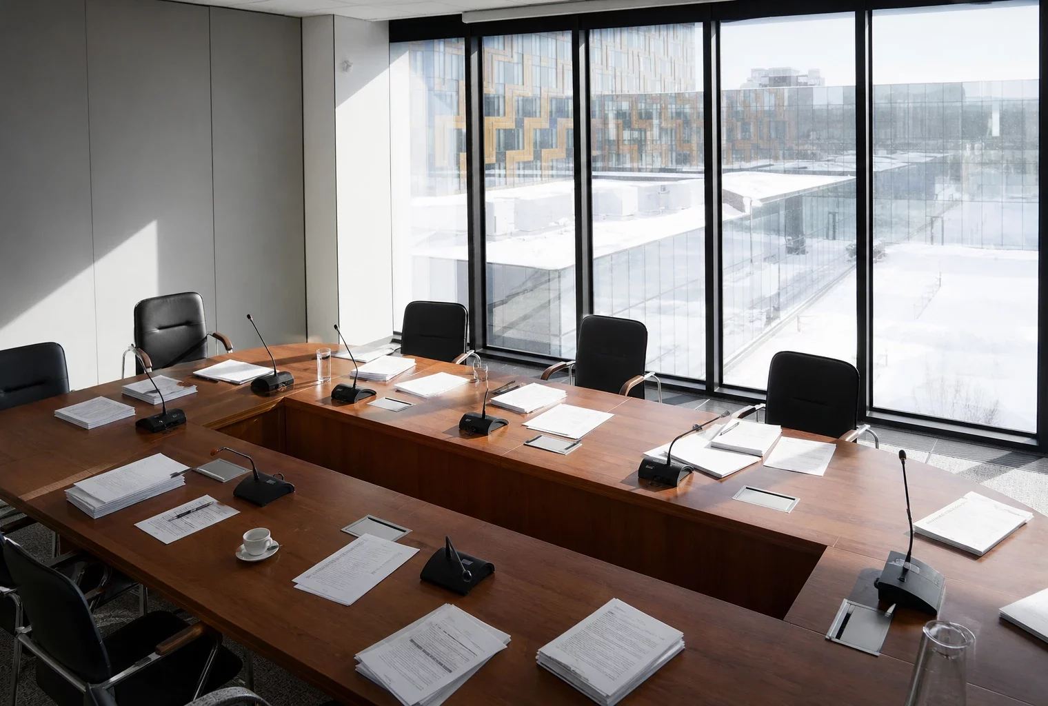 Salle du Conseil des ministres vide, grande table de réunion, dossiers budgétaires, micros et chaises sous une lumière matinale.