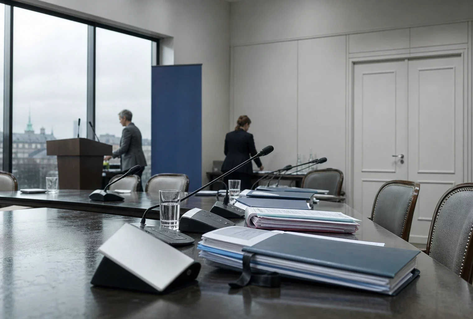 Salle du Conseil des ministres à Paris, table de réunion avec dossiers budgétaires, micros et fauteuils vides sous une lumière grise de pluie.