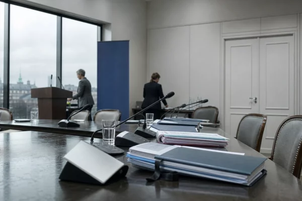 Salle du Conseil des ministres à Paris, table de réunion avec dossiers budgétaires, micros et fauteuils vides sous une lumière grise de pluie.