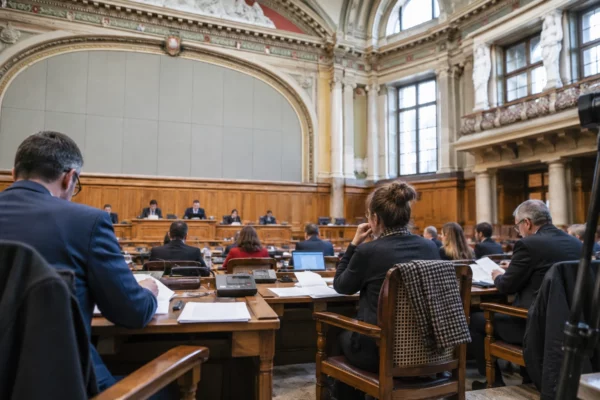 Des élus municipaux vus de dos débattent autour de pupitres avec microphones et dossiers dans une salle de conseil.