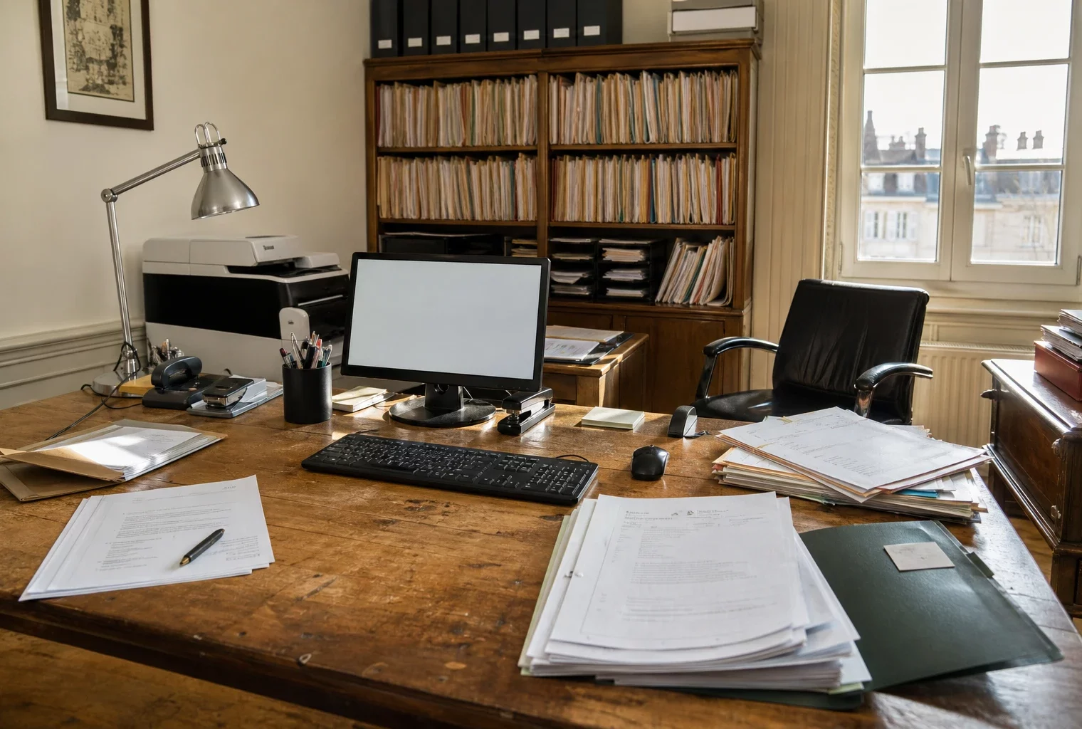 Bureau d’un commissaire de justice avec ordinateur ouvert, dossiers papier et rayonnages de classement dans une lumière du matin.