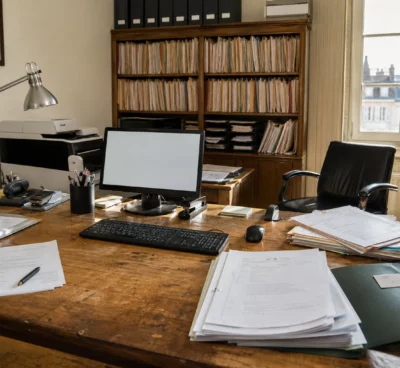 Bureau d’un commissaire de justice avec ordinateur ouvert, dossiers papier et rayonnages de classement dans une lumière du matin.