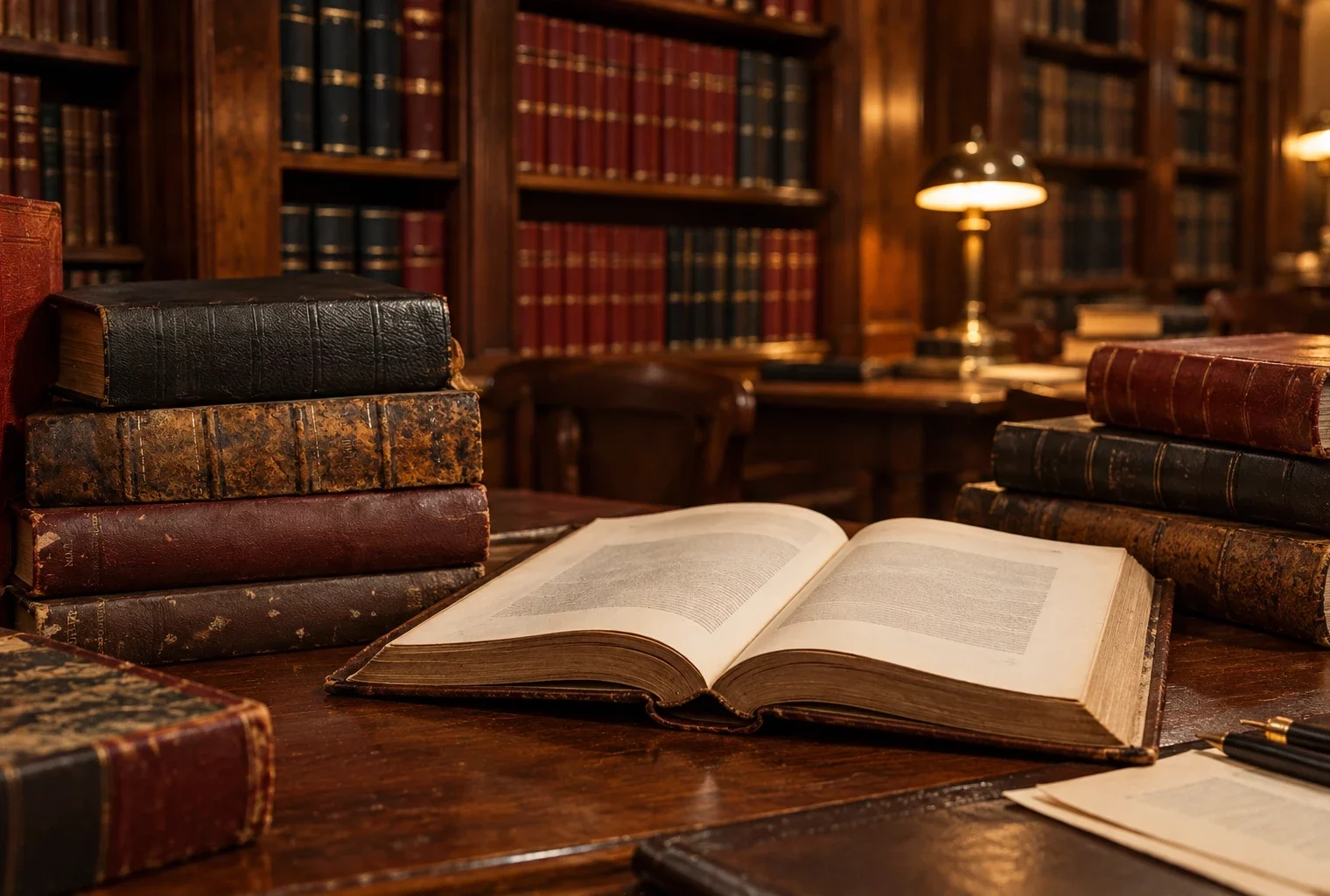Une Constitution ouverte parmi des recueils juridiques usés, devant des rayonnages de livres dans une bibliothèque de droit.