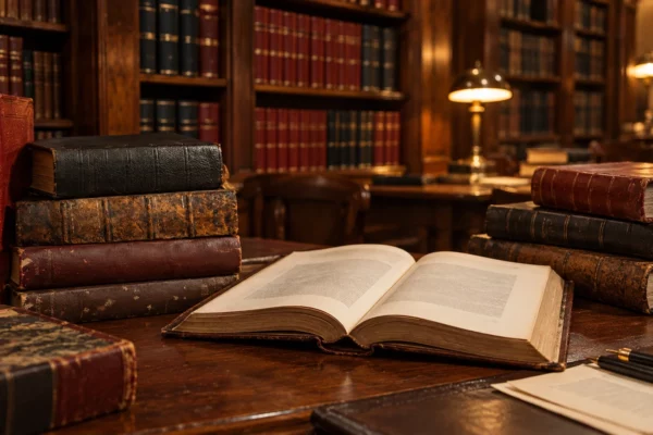 Une Constitution ouverte parmi des recueils juridiques usés, devant des rayonnages de livres dans une bibliothèque de droit.